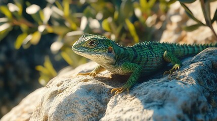 Fototapeta premium A vibrant green lizard basking in the sunlight on a rock, its scales blending seamlessly with the natural environment around it.