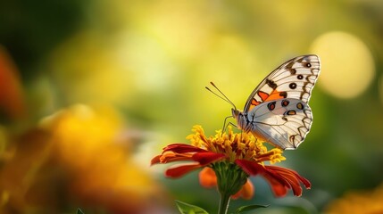 Obraz premium Close-up of a butterfly perched on a vibrant flower with a blurred green and yellow background, capturing natural beauty and tranquillity.
