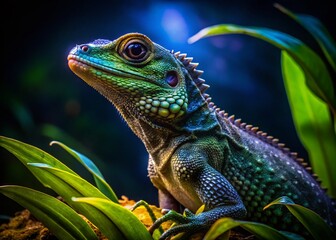 Obraz premium Night Photography of a Lizard with Curled Tail in a Lush Environment