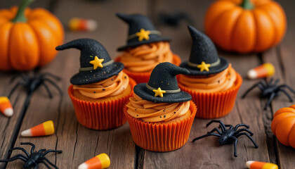 A group of Halloween cupcakes with witches hats and candy corn