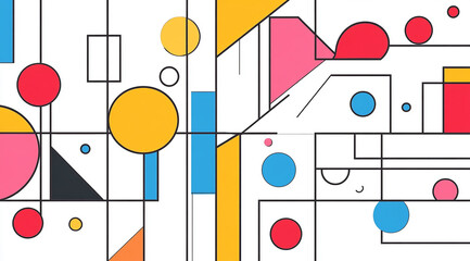 Abstract geometric pattern with colorful shapes and lines on white background.