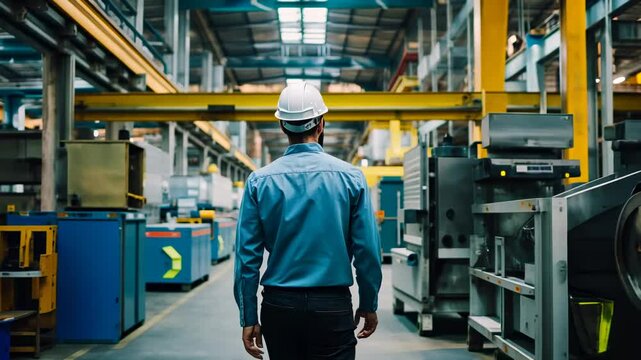 A worker in a hard hat walks through a factory with machinery in the background.