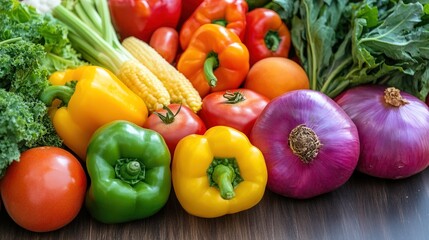 Close-up of vibrant fresh vegetables and fruits on wooden table, symbolizing healthy blood pressure foods, emphasizing natural nutrition and wellness.