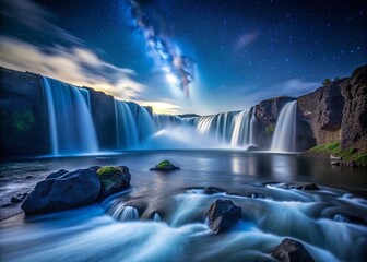 Night Photography of Godafoss Waterfall in North Iceland - Captivating Long Exposure Shots and Starry Skies