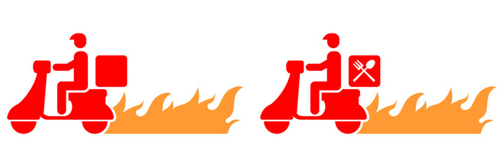quick or express food shipment, speed or Fast moving shipping delivery with scooter motorbike and flame, fork and spoon icon. Online order couriers, local distribution, logistics situations.
