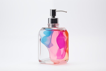 A close-up of a person&rsquo;s hand firmly holding a transparent handwash bottle, with soap bubbles visible inside, placed against a neutral white background.
