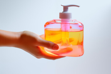 A close-up of a person&rsquo;s hand firmly holding a transparent handwash bottle, with soap bubbles visible inside, placed against a neutral white background.
