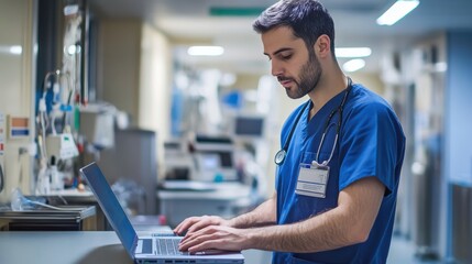 Fototapeta premium A doctor in scrubs working at a laptop in a hospital break room, reviewing patient information during a busy shift, with medical equipment visible in the background