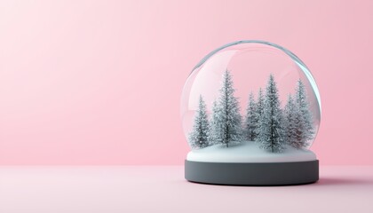 Snow globe with evergreen trees on a pastel pink background, perfect for winter decor or holiday spirit.