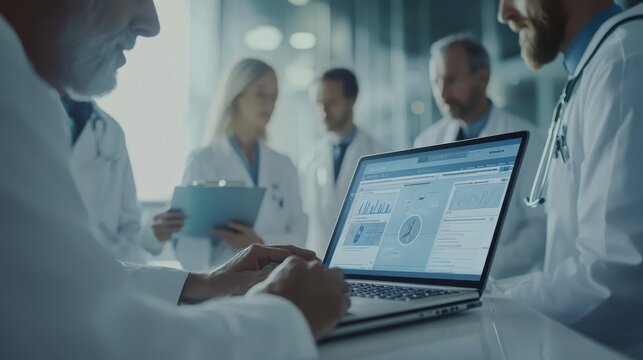 A group of doctors gathered around a laptop in a hospital meeting room, discussing a patient case and collaborating on treatment plans, with medical charts on the screen
