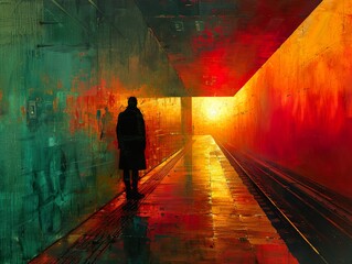 A Solitary Figure in a Tunnel of Light and Shadow