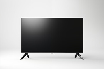 A sleek, ultra-thin LED TV with a glossy black frame, perfectly centered on a pure white background, reflecting subtle light.