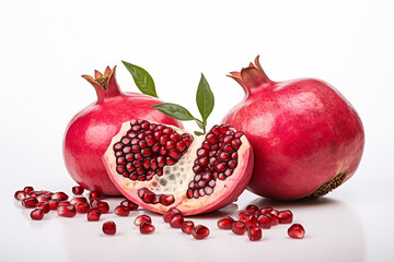 A vibrant red pomegranate cracked open, with its seeds bursting outward, the color strikingly contrasted against the sharp white background.