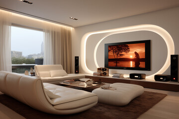 A spacious living area with a mix of black, white, and grey tones; minimalist sofas and metallic decor elements, round ceiling,led light around walls with large windows overlooking a city skyline.
