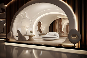 A spacious living area with a mix of black, white, and grey tones; minimalist sofas and metallic decor elements, round ceiling,led light around walls with large windows overlooking a city skyline.