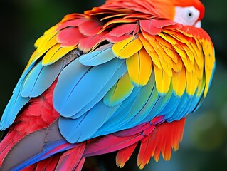 Fototapeta premium A close-up of a scarlet macaw's colorful feathers, showing the intricate pattern and texture of its plumage.