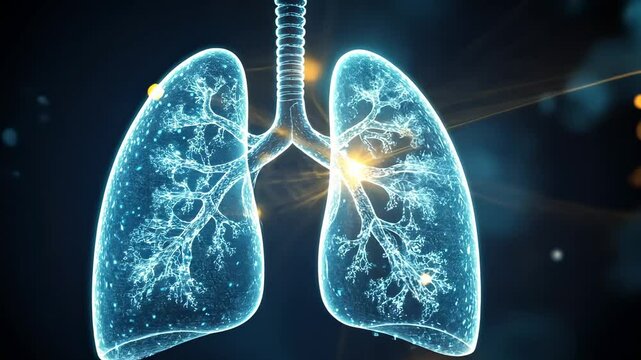 A digital rendering of a glowing human lung with detailed bronchial tree and alveoli on a dark background with blue and orange bokeh lights.