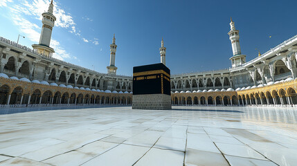The Kaaba, a cube-shaped building in the center of the Grand Mosque in Mecca, Saudi Arabia.