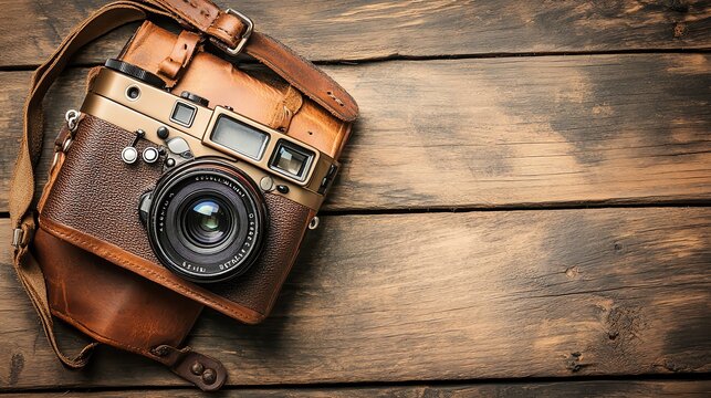A vintage camera with a leather strap rests on a rustic wooden background.