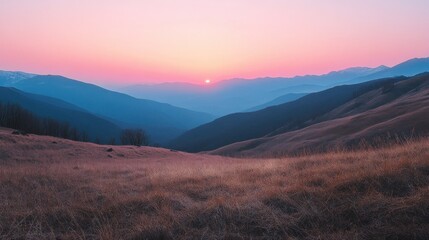 Obraz premium Illustration of rural mountain scenery at sunset. Ai generated image