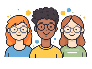 Diverse Group of Friends Smiling Together in a Colorful Modern Cartoon Style Illustration