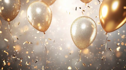Golden Balloons with Confetti Celebration Background
