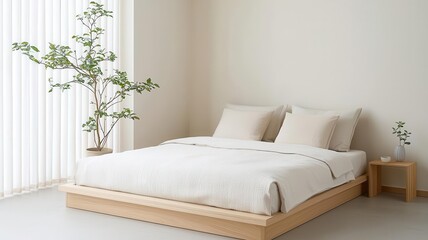 Japandi bedroom with a simple futonstyle bed, neutral tones, and light wood furniture   futon bed, light wood, Japandi bedroom