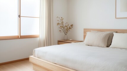 Japandi bedroom with a simple futonstyle bed, neutral tones, and light wood furniture   futon bed, light wood, Japandi bedroom