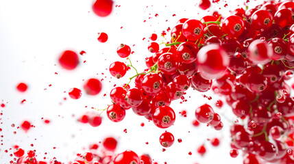 A large handful of red currants hangs in the air on a white background. The concept of motion and energy. Natural organic product. A delicious snack