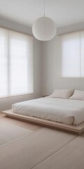 Japandi bedroom with tatamistyle flooring, neutral linens, and a light wood platform bed   tatami flooring, neutral linens, minimalist bedroom