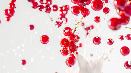 Obraz premium Healthy eating. Berry smoothie. Milk splashes and drops combine in the air with red currant berries. The concept of chaos and movement. A natural product