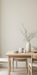 Japandi dining room with a wooden dining table, simple tableware, and neutraltoned cushions on minimalist chairs   wooden table, neutral cushions, Japandi dining