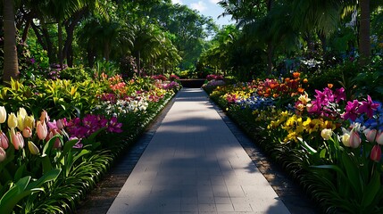 Obraz premium Colorful Flowers Lush Greenery Along a Stone Path