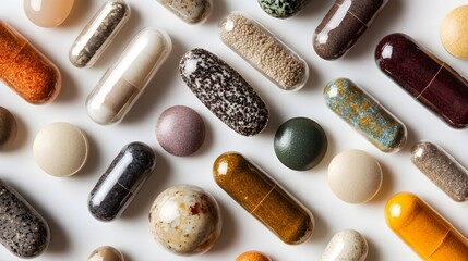 A close-up shot of various mineral supplements such as zinc, magnesium, and selenium in capsule form on a clean white background, symbolizing support for the immune system. 