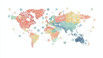 Global business map with dollar symbols marking key cities, clean vector lines, symbolizing global financial networks.