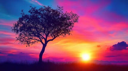Fototapeta premium Vibrant Sunset Silhouette with Tree