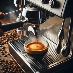 closeup of espresso extraction rich crema formation sleek coffee machine aromatic steam wisps dark roasted beans professional barista tools warm ambient lighting.