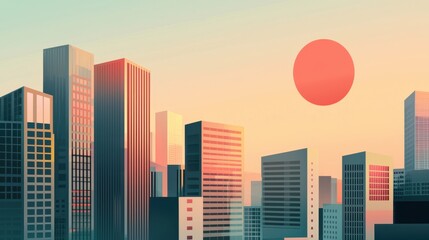 Minimalist cityscape with corporate buildings, clean geometric shapes, soft shadows, representing urban business hub, business district, illustration.