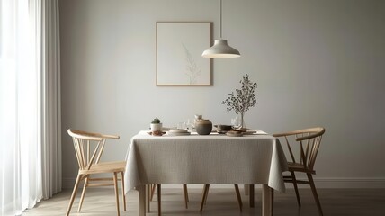 Japandiinspired dining room with wooden chairs, a neutraltoned tablecloth, and soft ambient lighting   wooden chairs, neutral tablecloth, Japandi dining