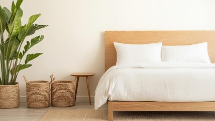 Japandistyle bedroom with a neutraltoned futon, woven baskets for storage, and natural wooden finishes   neutral futon, woven baskets, minimalist storage
