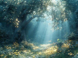 Obraz premium enchanted forest bathed in soft, dappled sunlight filtering through oversized trees, magical flora and fauna creating a whimsical, fairytale-like atmosphere