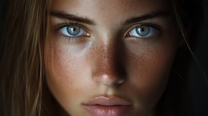 Fototapeta premium Beauty portrait of a woman with freckles and blue eyes for fashion photography