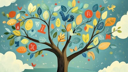 Colorful Tree with Leaves and Playful Elements