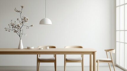 Japandistyle dining room with a neutral palette, sleek wooden table, and minimalist chairs for a serene space   neutral palette, wooden table, minimalist dining