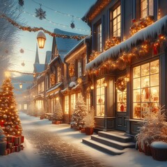 Obraz premium charming winter street scene featuring quaint storefronts adorned with twinkling christmas trees and festive decorations creating a cozy holiday atmosphere.