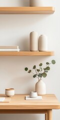 Japandistyle office with a simple wooden desk, neutral palette, and minimalist shelving   wooden desk, minimalist shelving, Japandi office