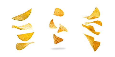 set of Assorted Crispy Potato Chips on a white and transparent background, A variety of crispy potato chips floating against