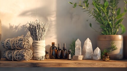 A serene 3D illustration of a natural healing setup featuring bundles of sage, an array of essential oils in beautiful bottles, and various crystals arranged artfully on a wooden table, symbolizing 