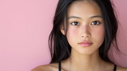 Naklejka premium Casual beauty portrait of a young woman against pink background for fashion and marketing