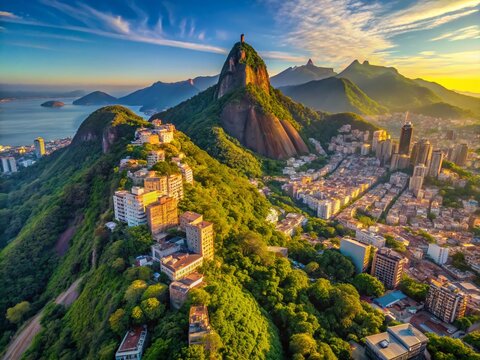 Panoramic Drone View of Two Brothers Mountain Overlooking Rocinha Favela in Rio de Janeiro